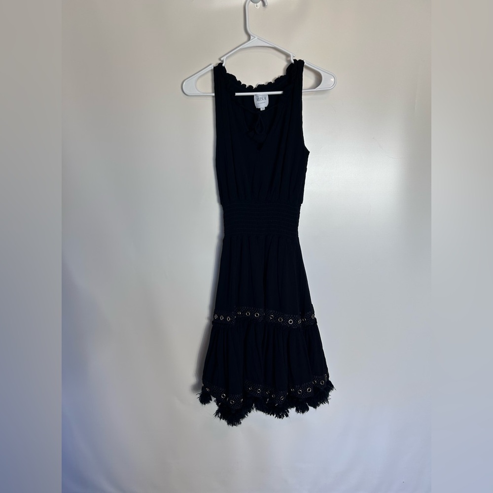 Misa Los Angeles Black Sleeveless‎ Eyelet Tiered Mini Dress with Fringe | XS